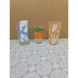 Set of 3 Vintage Juice Glasses with Retro Designs MCM Juice